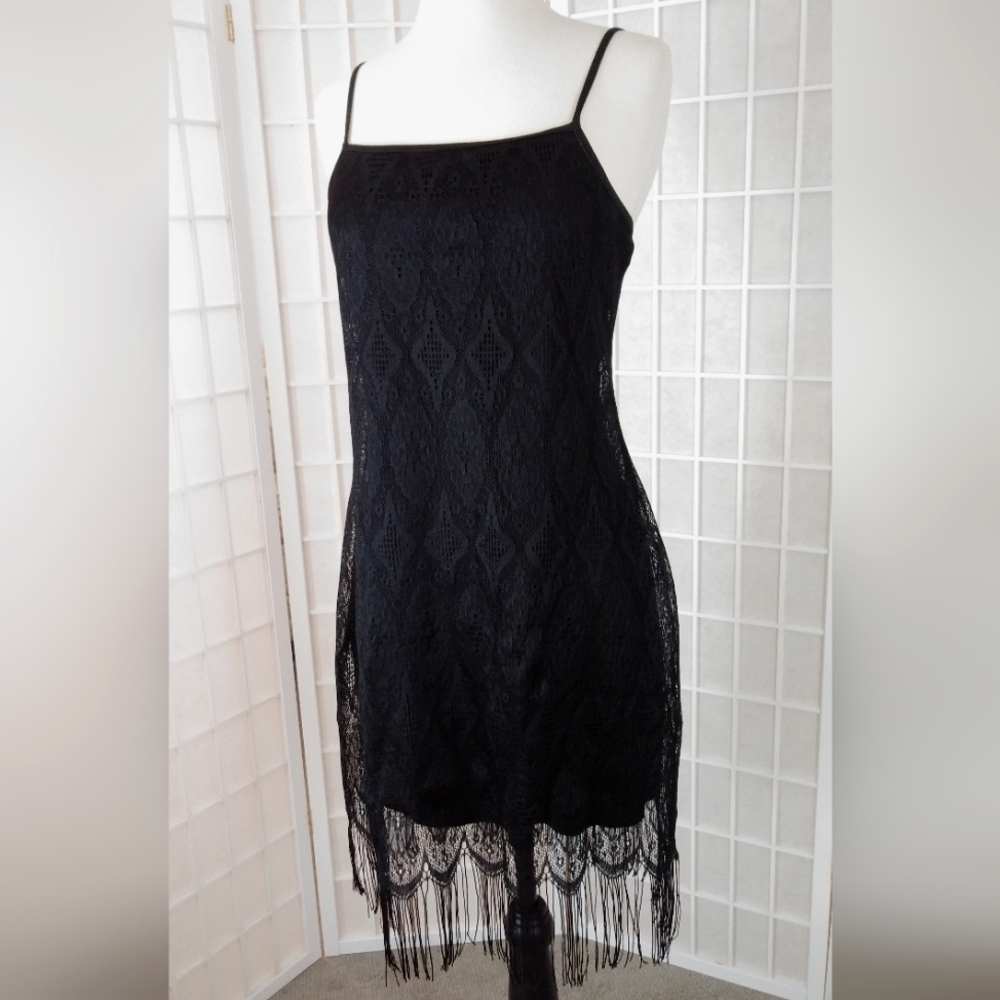 90s PerSeption Black Fringe Cocktail Dress M